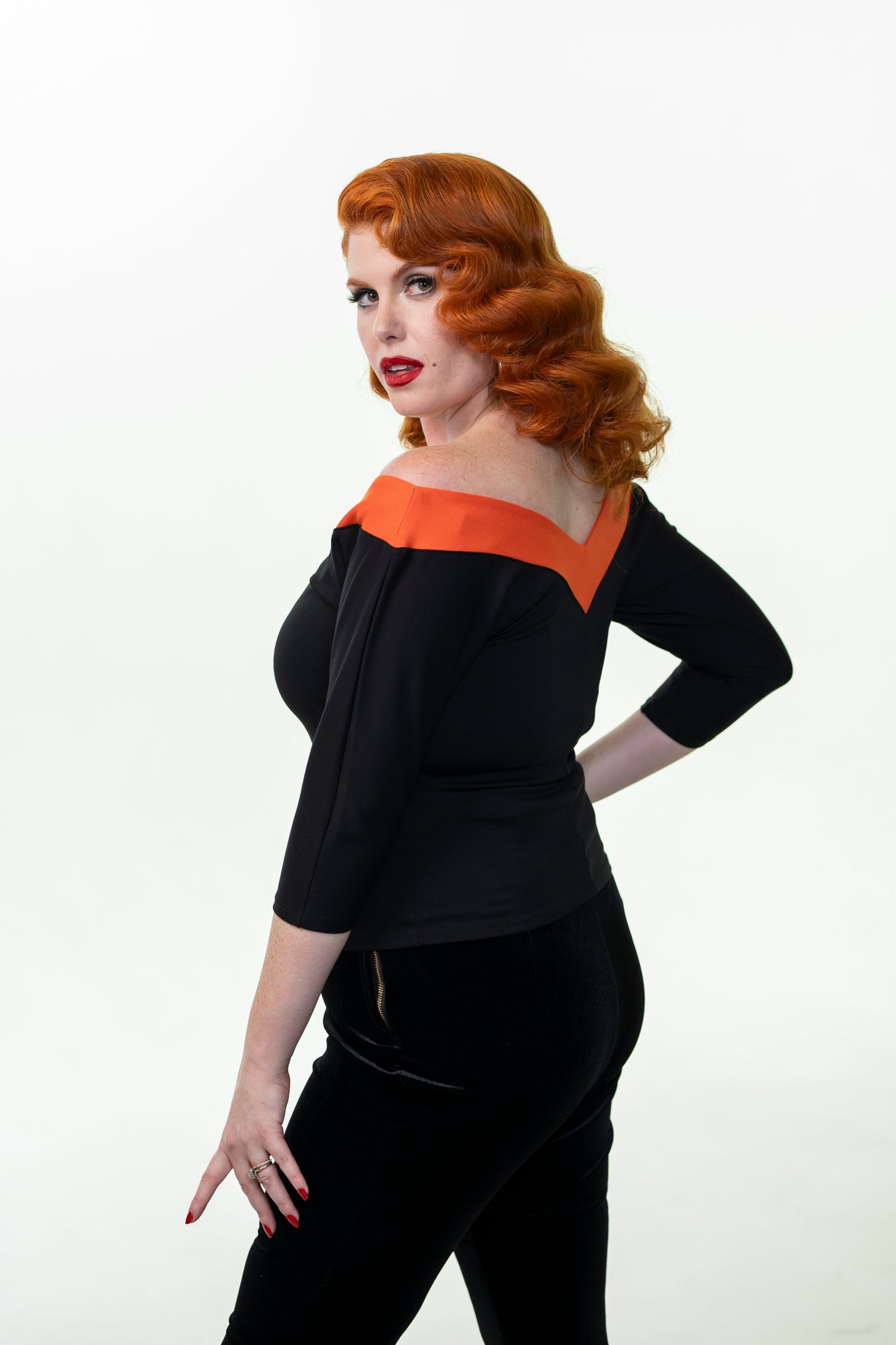 Midcentury V Top in Black and Orange Stripe